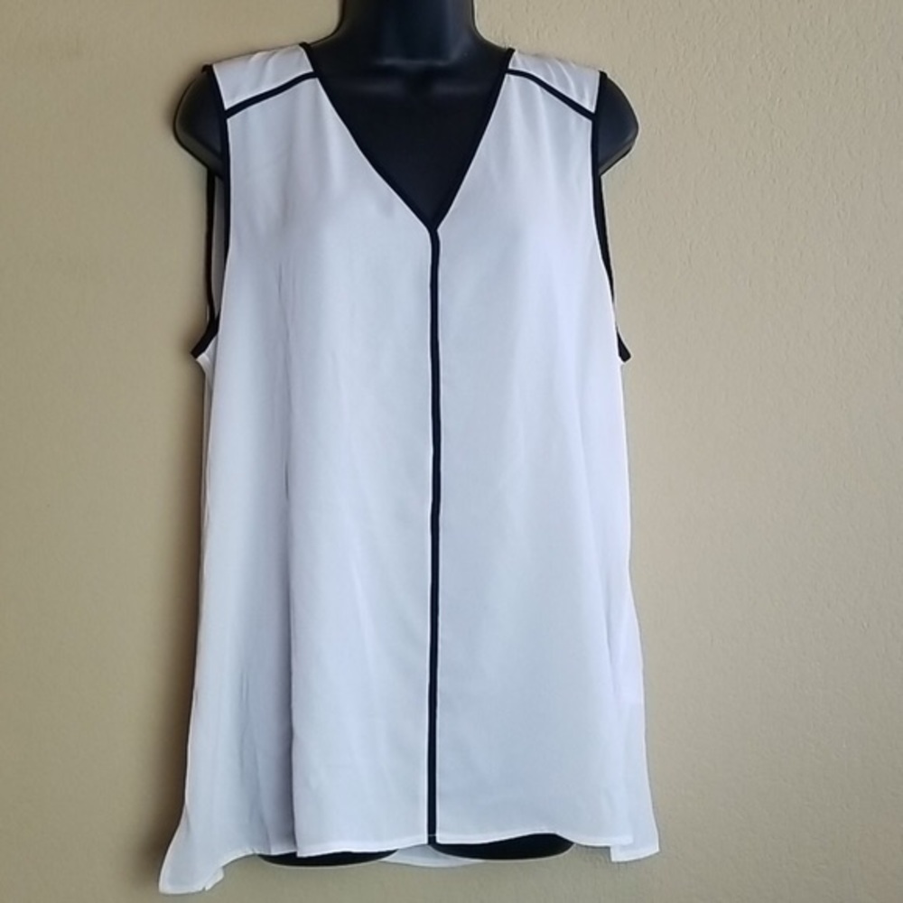 HALOGEN White Sheer White Black Trim Blouse Sz XXS